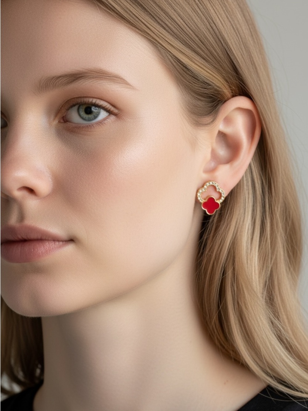 9/23 Gold Red Clover Stud Earrings - Women Jewelry